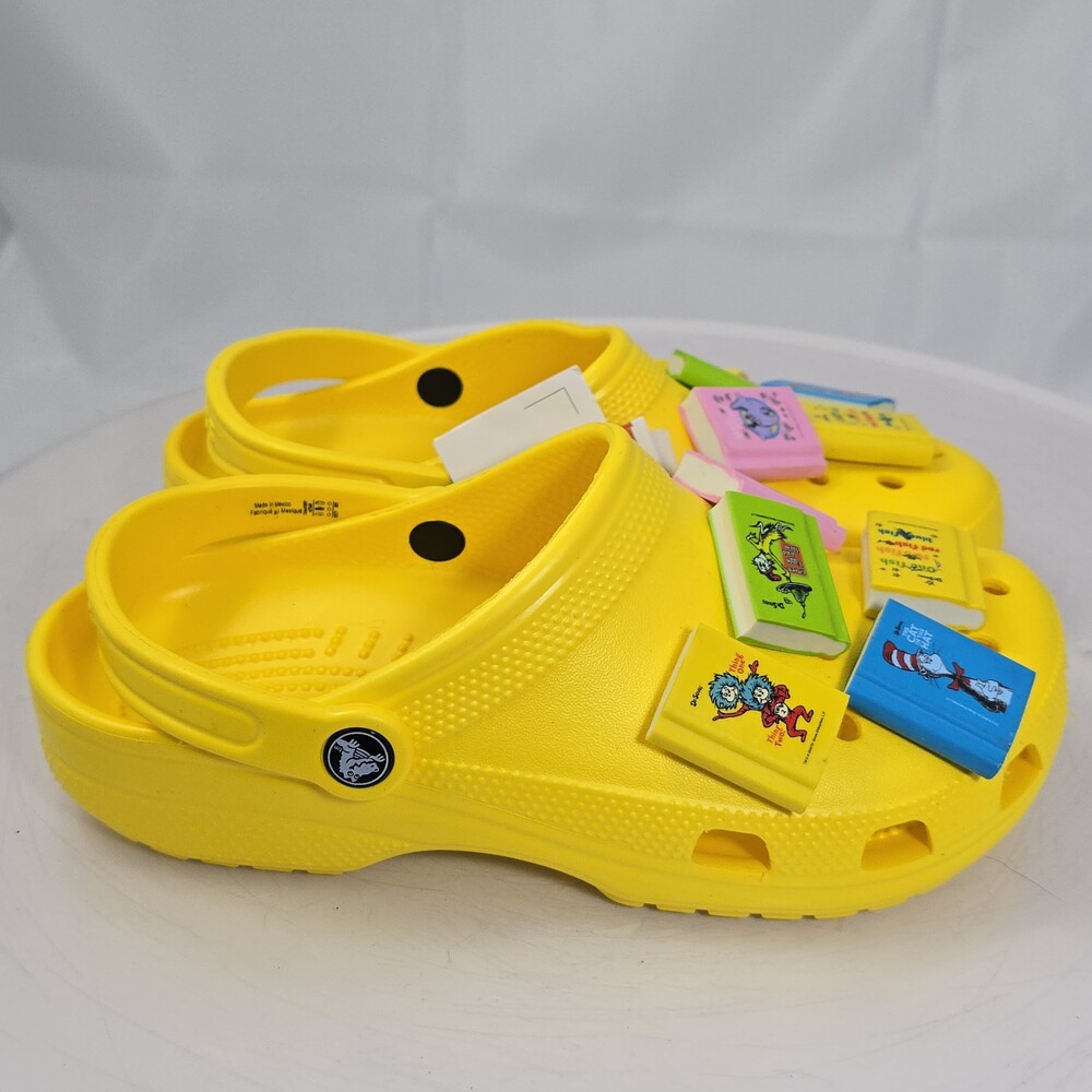 Crocs Classic Lemon Yellow Clogs Women 9 Dr Seuss Charms/Jibbitz Sandals/Clogs